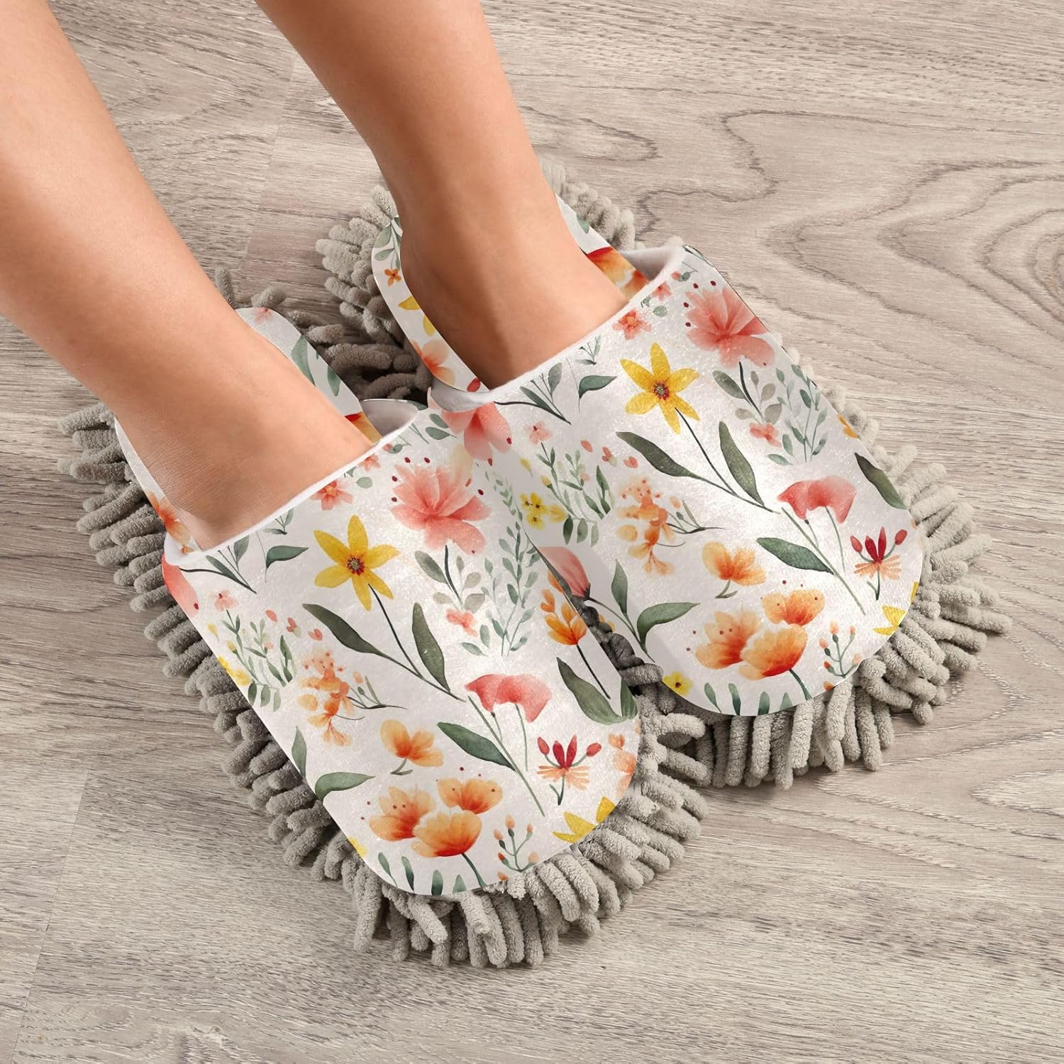RunningBear Watercolor Flowers Mop Slippers for Home Cleaning