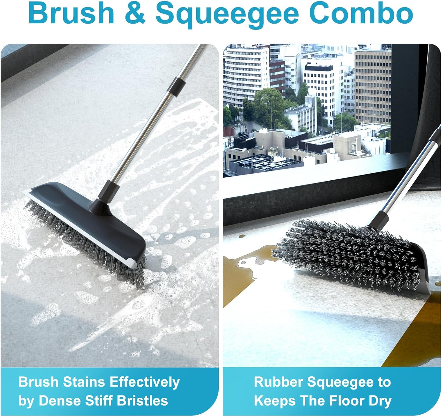 ITTAR 2-in-1 Floor Scrubber Squeegee Brush - 10 Wide Heavy-Duty Cleaning Tool with Black Bristles and Adjustable Handle