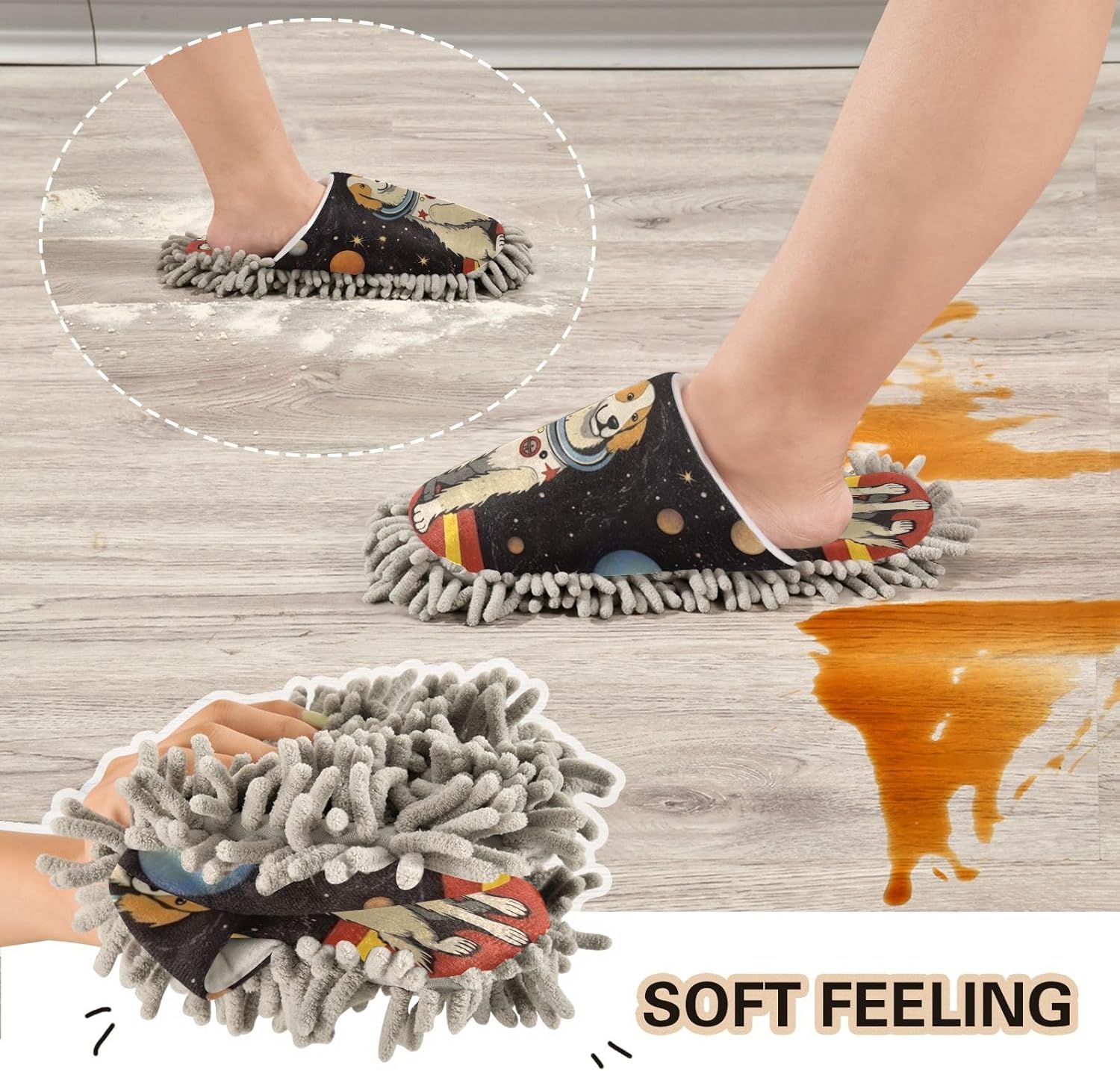 Bulletgxll Space Dog Mopping Slippers - Washable Microfiber Floor Mop Slippers for Men Women