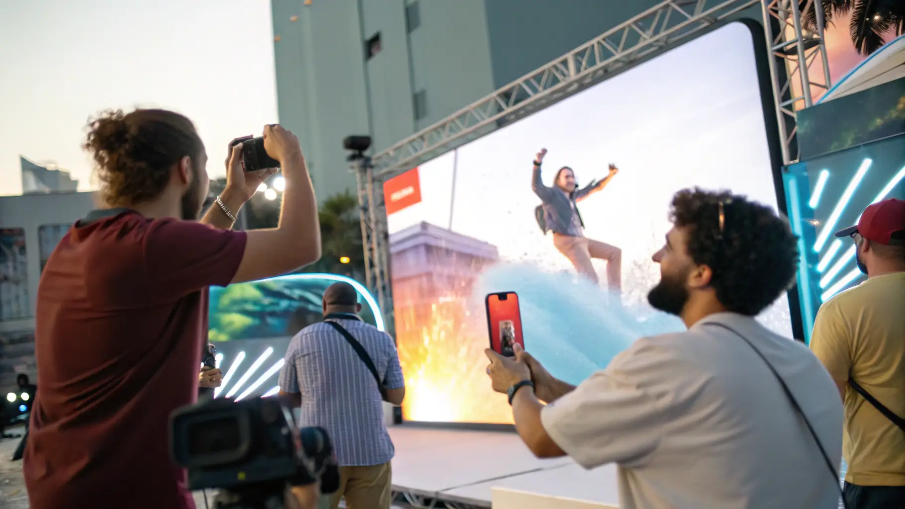 A vibrant, dynamic advertisement featuring a diverse group of people engaging with a product, set against a backdrop of modern city architecture.