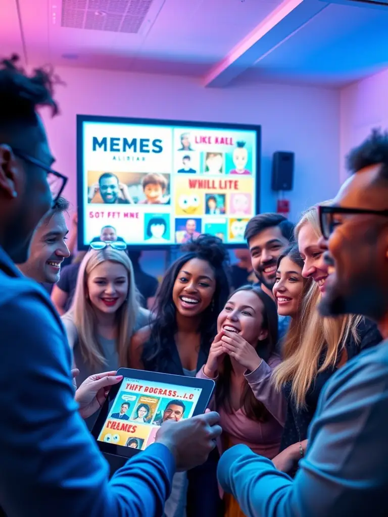 A diverse group of people reacting positively to an advertisement on a screen, showcasing the viral potential of engineered content.